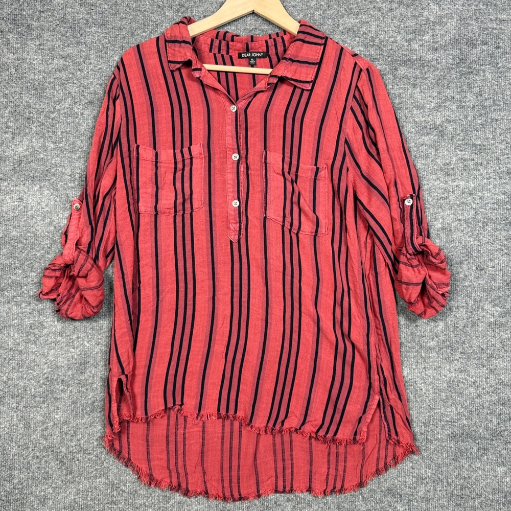 Dear John  XL Popover Blouse Red Stripe Rayon Roll Tab Sleeves Gauzy Lightweight